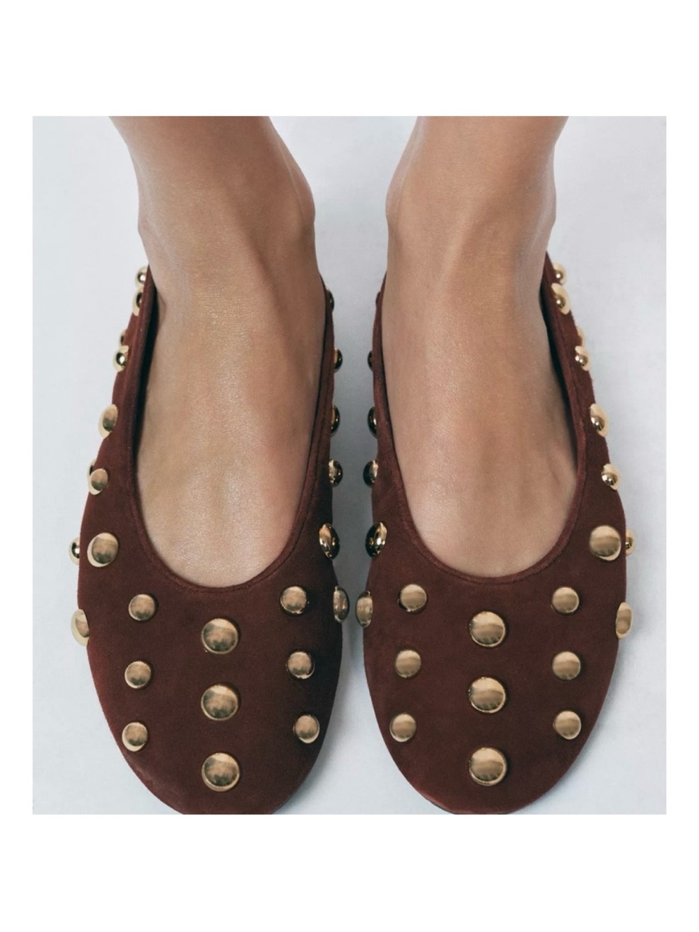 Zara Studded leather Brown Suede Ballet Flats
